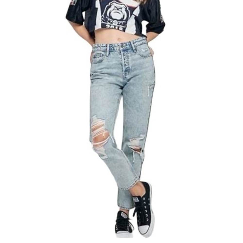 HIDDEN Light Wash High Rise Button Fly Boyfriend Distressed Blue Denim J…